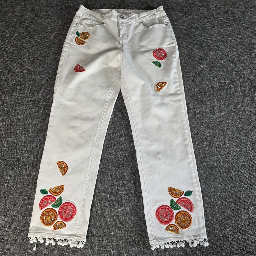 Hydraulic Nolita Womens 8 White Citrus Embroidered Pom Pom Crop Straight Jeans